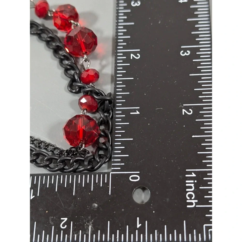 Black Metallic‎ Double Chain Long Layer Red Glass Bead Necklace Gothic 40